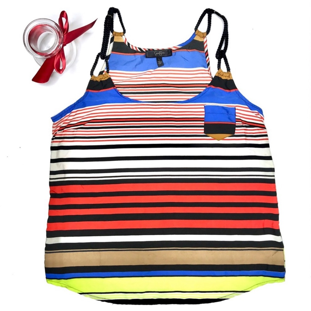 Jessica Simpson | Blue Yellow White Black Red Striped tank top size large